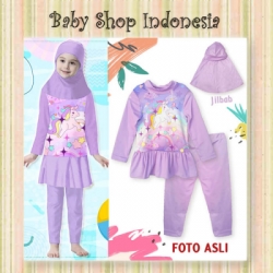 W087 Baju Renang Anak Perempuan Lengan Panjang Baju Renang Anak Muslim Kerudung Purple Unicorn  large